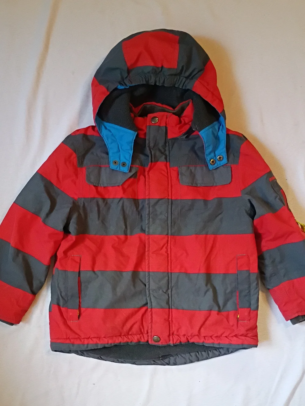 Mini Boden Red & Gray Striped Hooded Winter Jacket